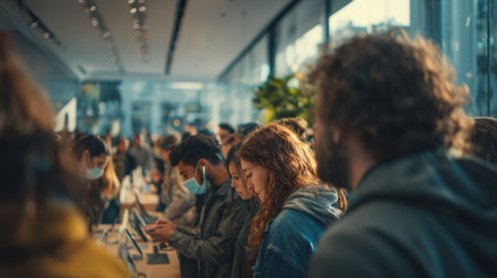 A crowd gathers in a modern urban store, exploring various technology products as sunlight filters through large windows during the late afternoon.の素材