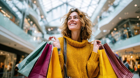 A cheerful woman wears a warm sweater while happily holding vibrant shopping bags in a lively shopping mall filled with natural light.の素材
