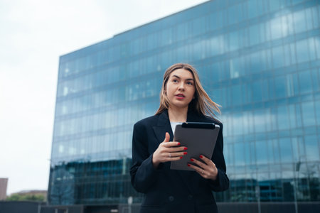Businesswoman outdoors in an urban environment holds a tablet, dressed in professional attire, with modern architecture behind her, exuding confidenceの写真素材
