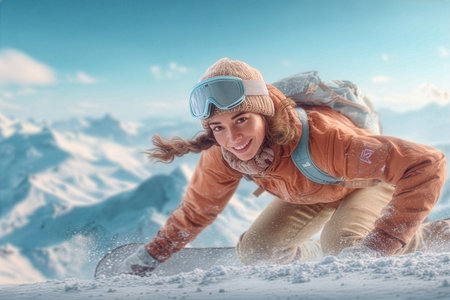 A young woman enjoys snowboarding down a snowy slope, smiling as she rides the powder. Majestic mountain peaks rise in the background under a clear blue sky.の素材