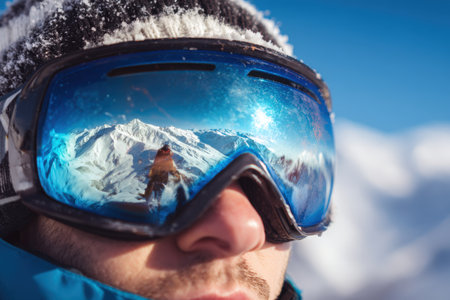 A snowboarder stands on a snow-covered slope, wearing reflective goggles that show the stunning mountain scenery and bright blue sky.の素材