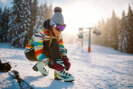 A skilled skier adjusts their boots in fresh snow at a winter resort, surrounded by tall trees and ski lifts in the background on a sunny day.の素材
