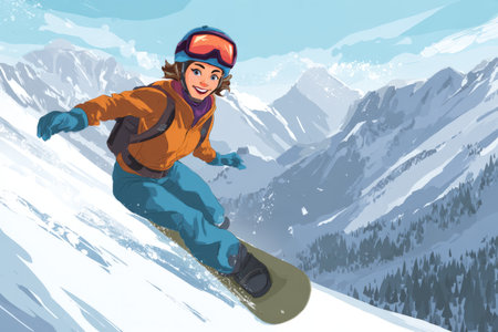 A snowboarder glides down a snowy slope, smiling with joy. Surrounding mountains tower in the background under a clear blue sky, offering a stunning winter view.の素材