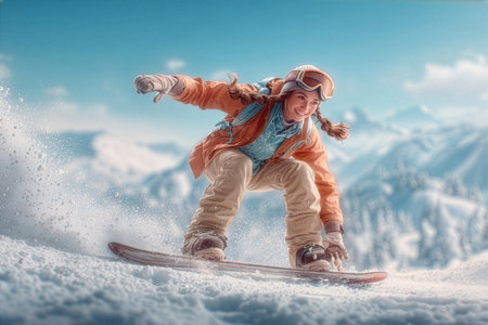 A snowboarder gains speed while carving through fresh snow on a picturesque mountain slope, showcasing skill and joy in a winter wonderland setting.の素材