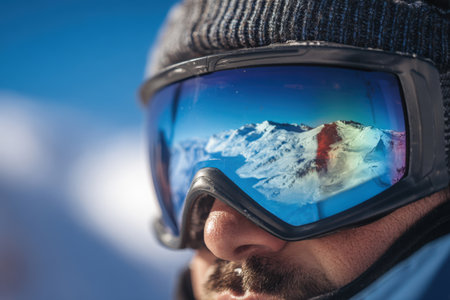 A skier stands on a mountain slope, wearing goggles that reflect the stunning peaks around him, with bright blue skies above on a sunny winter day.の素材