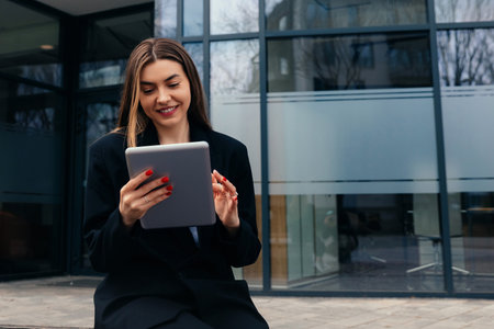 A woman is seated on a bench in front of a contemporary building, using a tablet and smiling as she interacts with content on the screen, enjoying her time outdoors in the daytime.の写真素材