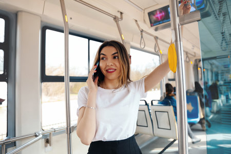 A young woman stands in a public transport vehicle, smiling and talking on her phone. Sunlight filters in through the windows, highlighting her relaxed demeanor as she commutes.の写真素材