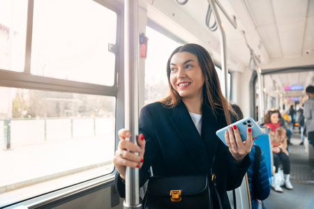 Woman inside stands a public transport vehicle, holding a smartphone and enjoying the view. Other passengers are seated in the background, with natural light flooding in through the windows.の写真素材