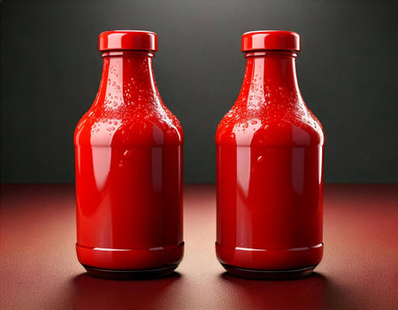Two shiny red ketchup bottles with water droplets stand side by side on a smooth surface, creating a vibrant contrast against a dark background.の素材