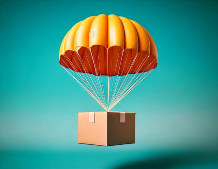 A colorful orange parachute gently lowers a cardboard box, showcasing a playful and imaginative concept of delivery in a vibrant setting.の素材