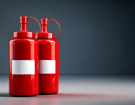 Two red sauce bottles sit on a clean, smooth surface, perfect for adding flavor to dishes in a kitchen or restaurant environment.の素材