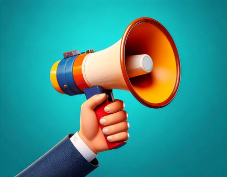 A hand grips a colorful megaphone, showcasing its bright orange and blue design against a striking blue backdrop, representing clear communication and engagement.の素材
