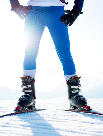 A skier prepares to descend the slope, standing on fresh snow with clear blue skies above and the sun shining brightly. The skier wears blue pants and ski boots.の素材