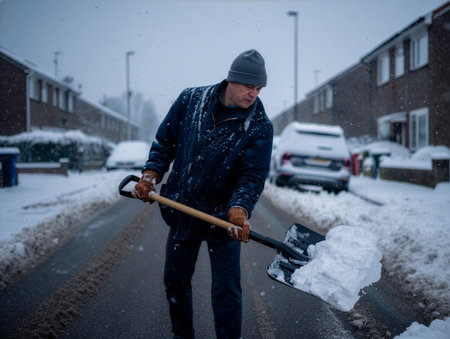 A man works to clear snow from a residential street, surrounded by houses and a snowy landscape. The winter weather creates a peaceful yet chilly atmosphere.の素材