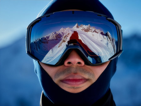 A skier in a balaclava and mirrored goggles stands in front of breathtaking mountains. The reflection shows a snowy slope, highlighting an exciting ski setup.の素材
