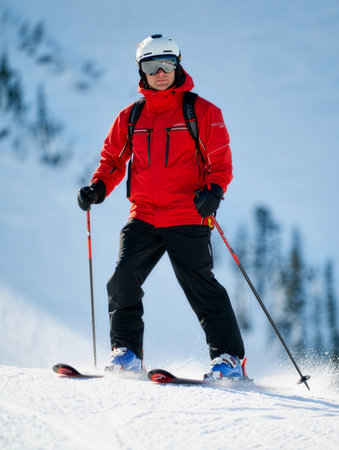 A skier in a bright red jacket navigates the snowy terrain on a sunny day, surrounded by majestic mountain views and pine trees in the background.の素材