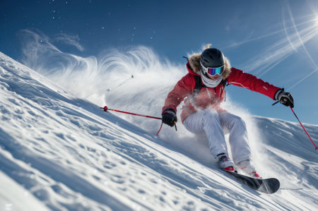 A skier dressed in red descends a snowy mountain slope on a sunny winter day, kicking up powder while showcasing skill and excitement on the ski run.の素材