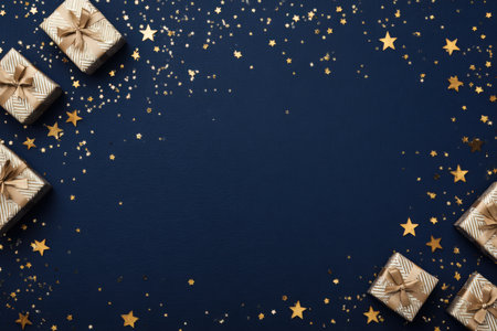 Decorative gifts wrapped in gold and white sit around a scattering of golden stars on a dark blue surface, creating a joyful setting for celebrations or events.の素材