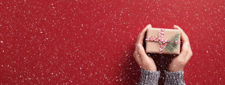Two hands hold gently a wrapped gift featuring a small green sprig, with snowflakes falling in a joyful holiday atmosphere on a red surface.の素材