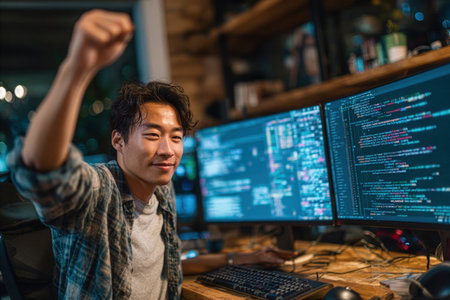 A young man smiles and raises his fist in celebration at a busy tech workspace filled with computer screens showing various programming codes in the evening.の素材