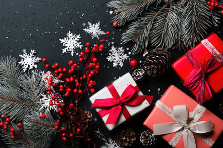 Wrapped gifts in various colors sit on a dark surface surrounded by pine branches, red berries, and white snowflakes, setting a cheerful holiday atmosphere.の素材