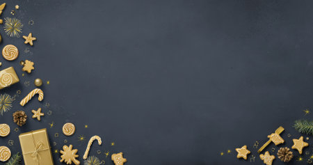 Golden gifts, sweet treats, and pine cones surround a dark surface, setting the perfect scene for festive gatherings and joyful celebrations during winter.の素材