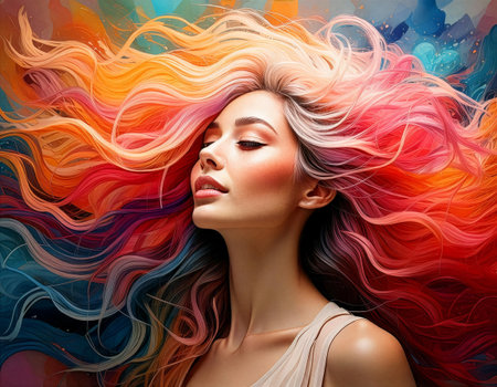 A woman with flowing, colorful hair displays shades of pink, orange, and purple, creating a stunning visual effect against an artistic background.の素材