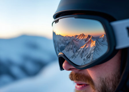 Close-up of a person wearing ski goggles reflecting majestic snowy mountain peaks illuminated by the sunset. Captures the essence of winter sports, exploration, and breathtaking alpine views.の素材