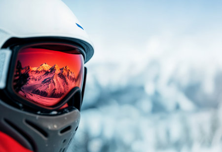 A person wearing a ski helmet and goggles is looking out at a snowy mountain range. Concept of adventure and excitement, as the person is ready to hit the slopesの素材