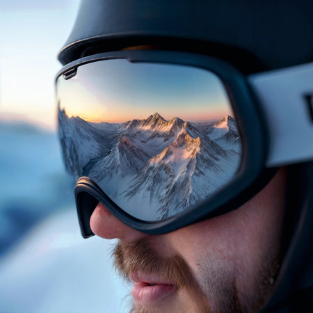 A person wearing a ski helmet and goggles is looking out at a snowy mountain rangeの素材