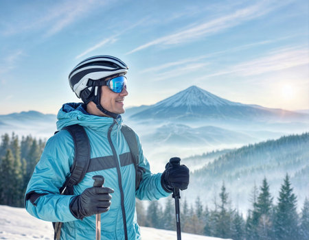 A man enjoying a snowy mountain hike equipped with winter gear, in a scenic, serene, and sunny setting. The majestic mountain peaks and the forest create a breathtaking backdrop.の素材