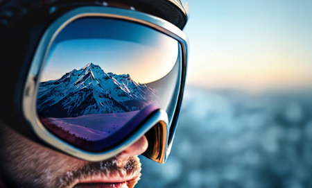 Close up of the ski goggles of a man with the reflection of snowed mountains. A mountain range reflected in the ski mask.の素材