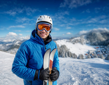 A cheerful man dressed for skiing holds skis, standing on a scenic snowy mountain landscape, under a clear sky.の素材
