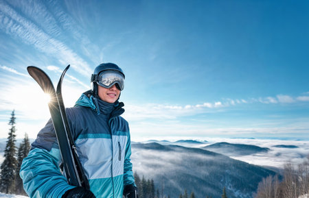 A winter sports enthusiast stands with ski gear against a stunning mountain background under clear skies, showing the joy of outdoor adventures.の素材