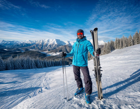A skier stands on a picturesque snowy mountain, holding skis and poles, surrounded by stunning alpine scenery. Clear skies and snowy peaks add to the vibrant winter outdoor adventure atmosphere.の素材