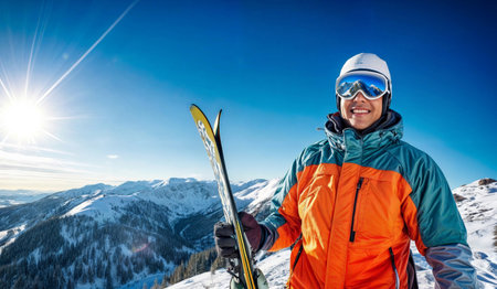 Excited skier dressed warmly, posed with a ski under the radiant sunshine amidst pristine snow-covered mountains, exuding joy and a love for winter sports.の素材