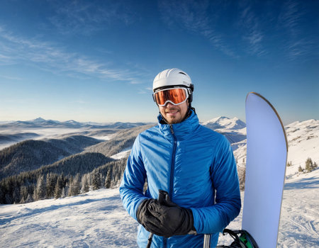 Bright winter day with a snowboarder dressed in blue standing on a snowy mountain slope. Energetic winter sport and beautiful remote landscape showcasing serene snow-covered peaks and sunny skiesの素材