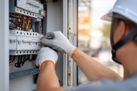 An electrician inspects and makes adjustments to a circuit breaker panel at a construction site under bright daylight, focusing on safety and electrical function.の素材
