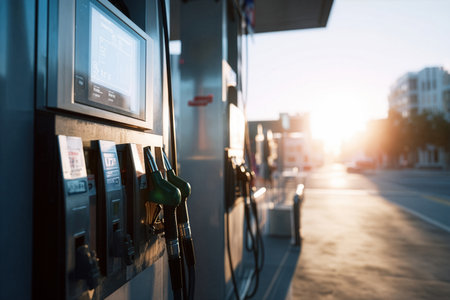 Fuel pumps stand ready at a gas station as the sun rises over the city, casting a warm glow on the quiet streets and signaling the start of a new day.の素材