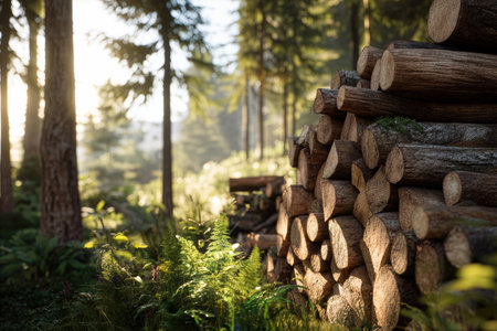 Tall trees surround a neatly stacked pile of wooden logs, bathed in warm sunlight on a calm morning in a vibrant forest setting.の素材