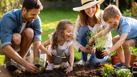 Joyful family spends time in their backyard gardening. Parents and children are planting young plants, sharing laughter, and enjoying a sunny day outdoors.の素材