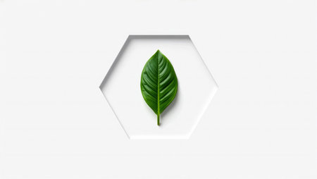 A vibrant green leaf is centered in a hexagonal space, highlighting its texture and shape. The background is simple and neutral, emphasizing the leaf's natural qualities.の素材