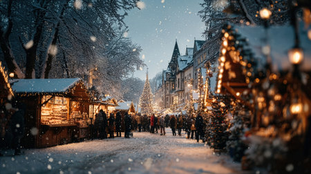 Crowds of people walk among lit stalls and decorated Christmas trees during a snowy winter festival. Buildings can be seen in the background of the scene.の素材