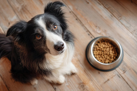A border collie waits patiently next to a bowl filled with dog food, looking up with hopeful eyes in a warm, inviting home setting during the afternoon.の素材