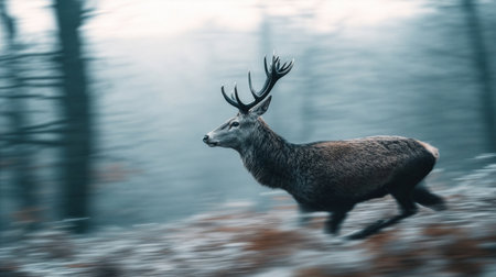 A graceful deer dashes through a foggy forest during winter, showing the elegance of nature amidst the cold, serene surroundings.の素材