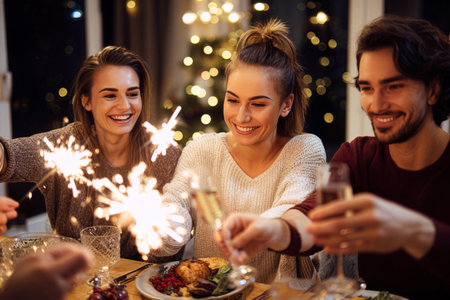 Three friends enjoy a delightful dinner party, holding sparklers and toasting with drinks while celebrating together in a cozy, festive atmosphere.の素材