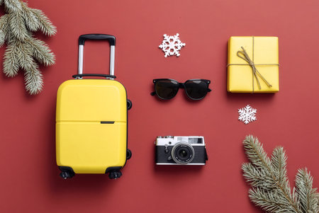 A yellow suitcase sits alongside sunglasses, a vintage camera, and a wrapped gift, with pine branches and decorative snowflakes on a red backdrop.の素材