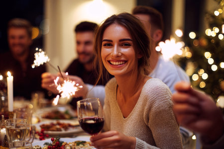 A group of friends enjoys a holiday dinner, sharing laughter and joy. One woman raises a glass of wine, while others hold sparklers, creating a lively atmosphere.の素材