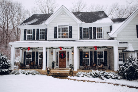 Snow blankets a beautiful white house featuring a cozy porch decorated for winter celebrations with a festive wreath and red bows adorning the entrance.の素材