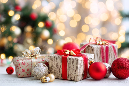 Colorful holiday gifts with shiny ribbons sit on a table, while a sparkling Christmas tree and warm lights provide a cozy backdrop for the festive seasonの素材